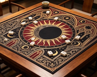Vintage utsmyckad gotisk båge sol måne mahjong bordsmatta mörk lyx astrologi kantdesign