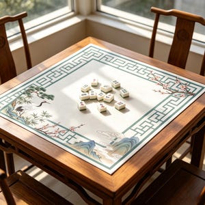 May include: A square wooden game table featuring a white mat with a green geometric border, illustrations of a crane, pine branches, and cherry blossoms, and a central cluster of white mahjong tiles with various black and red character markings.