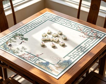 Red C Crane Oriental Landscape Mahjong Mat Plum Pine Bamboo Border,Traditional Chinese Lattice Frame Mahjong Table Mat Zen Crane Art Print