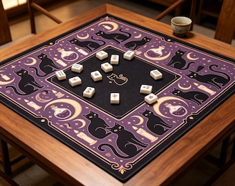 Häxig Svart Katt Månen Potion Mahjong Matta Lila Guld Ljus Himmelsk Kant Tryck, Mystisk Wicca Svart Katt Halvmåne Mahjong Bordsmatta