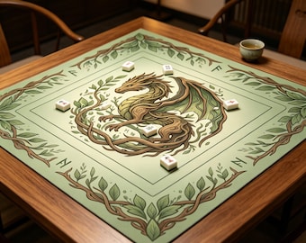 Forest Wood Branch Dragon Mahjong Mat Viking Rune Twisted Vine Frame Print,Nature Earth Tree Dragon Mahjong Table Mat