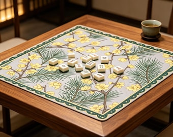Wintersweet & Pine Botanical Mahjong Mat Scalloped Border Floral Print