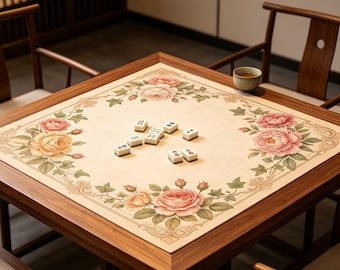 Tapete de Mahjong Vintage con diseño de rosas y peonías, marco floral ornamentado con hiedra, tapete de Mahjong vintage de papel antiguo con diseño floral y borde de hiedra rosa ruborizada.