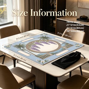 May include: A square light blue mat featuring a central circular medallion with purple wisteria flowers, palm trees, and architectural railings. Text reads Size Information and lists three sizes: 21x21in (53cm), 31x31in (80cm), and 34x34in (86cm).