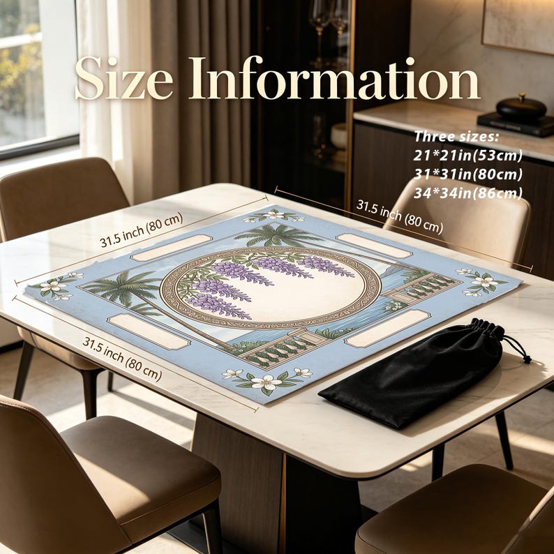 May include: A square light blue mat featuring a central circular medallion with purple wisteria flowers, palm trees, and architectural railings. Text reads Size Information and lists three sizes: 21x21in (53cm), 31x31in (80cm), and 34x34in (86cm).