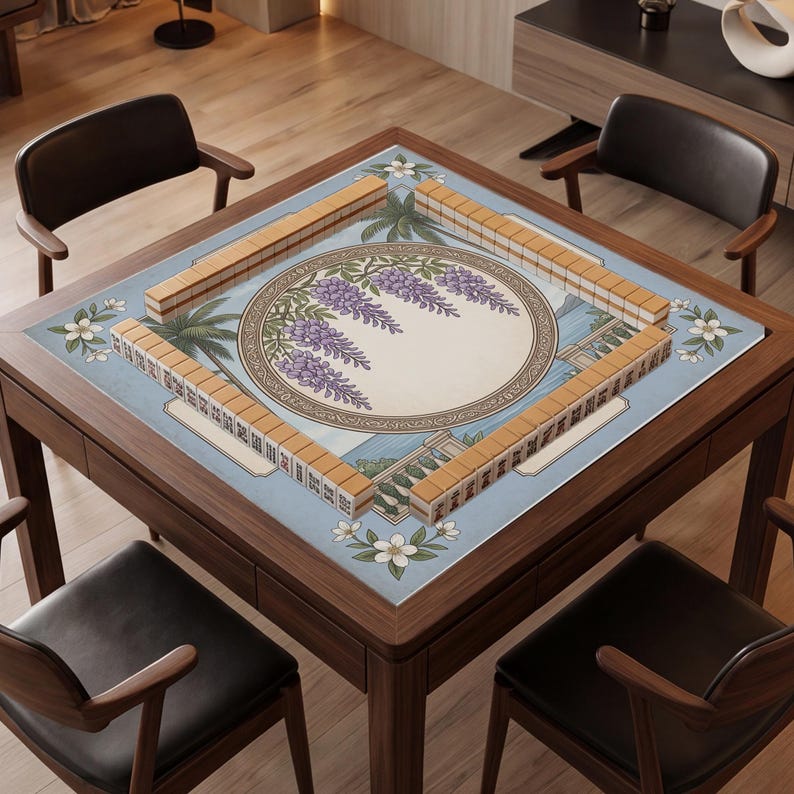 Vintage Wisteria Tropical Ocean Mahjong Mat Palm Tree Seaside Border,Victorian Tropical Coastal Mahjong Mat Wisteria Circular Frame Design. image 2