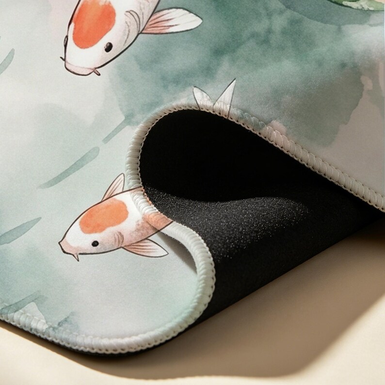 Puede incluir: Una alfombrilla de rat&oacute;n rectangular con una ilustraci&oacute;n estilo acuarela de peces koi naranjas y blancos nadando sobre un fondo verde salvia suave. La alfombrilla tiene un borde cosido en blanco y una base de goma negra, con una esquina doblada.