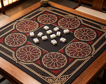 Tapete de Mahjong gótico rojo dorado con vidrieras, marco de catedral ornamentado con estampado floral, tapete de mesa de Mahjong gótico vintage de lujo oscuro con mandala