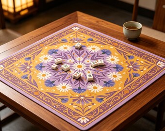 Folk Art Daisy Mandala Mahjong Mat  Purple Gold Floral Border,Yellow Purple Folk Wildflower Mahjong Mat  Symmetric Mandala Design