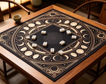 Gold Moon Phase Mandala Mahjong Mat Dark Celestial Star Ornate Frame Print，Vintage Lunar Cycle Cosmic Mahjong Table Mat