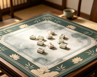 Dark Green Bamboo Lotus Mahjong Mat Oriental Square Frame Print,Sage Ink Wash Bamboo Lotus Mahjong Table Mat.