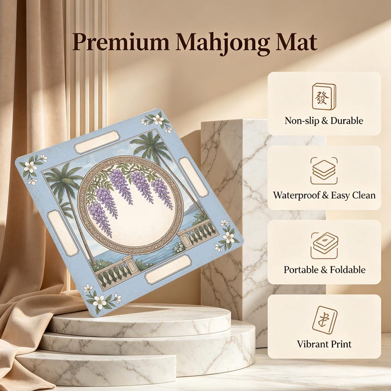 May include: A square light blue mahjong mat featuring a central circular illustration of purple wisteria flowers, palm trees, and a balcony overlooking the sea. The mat includes four rectangular white slots and white floral accents at the corners.