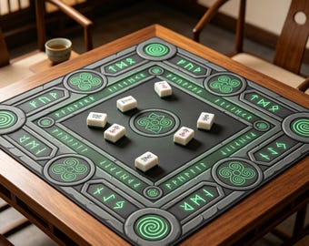 Glow Green Norse Rune Celtic Knot Mahjong Mat tone Texture Pagan Symbol Frame Print,Viking Elder Futhark Rune Stone Mahjong Table Mat