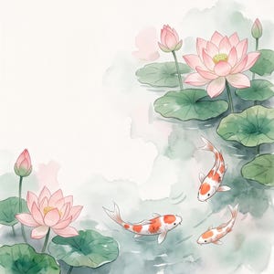 Puede incluir: Una ilustraci&oacute;n en acuarela que muestra tres peces koi naranjas y blancos nadando entre flores de loto rosas y grandes hojas de nen&uacute;far verdes. La obra utiliza lavados suaves de verde y blanco para representar un estanque sereno.
