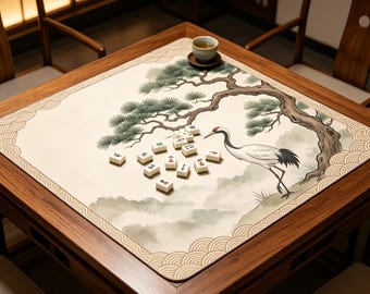 Tapete de Mahjong con diseño de grulla coronada roja y pino, estampado oriental con borde ondulado, tapete de mesa de Mahjong con diseño de grulla de pino de montaña chino vintage.