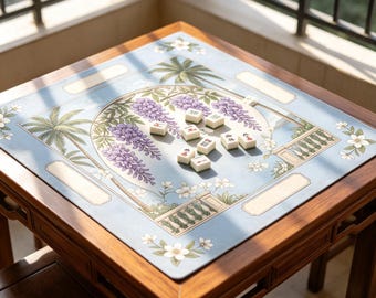 Tapete de Mahjong Vintage con Diseño Tropical de Glicinias y Palmeras, Borde Costero. Tapete de Mahjong Victoriano Tropical Costero con Diseño de Marco Circular de Glicinias.