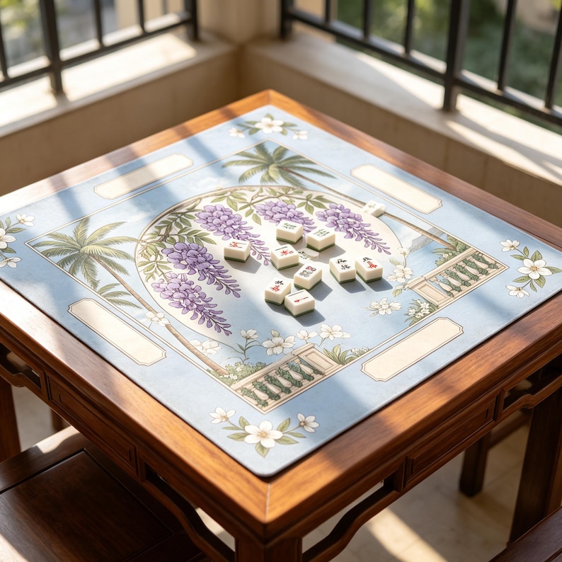 May include: A square mahjong mat with a light blue background featuring a central archway, purple wisteria flowers, palm trees, and white blossoms. Nine white mahjong tiles with green backs and black characters are scattered in the center.