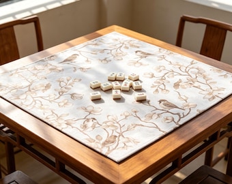 Sepia Magnolia Sparrow Mahjong Mat  Vintage Floral Bird Border Design,Sepia Floral Branch Bird Mahjong Mat Soft Neutral Vintage Pattern