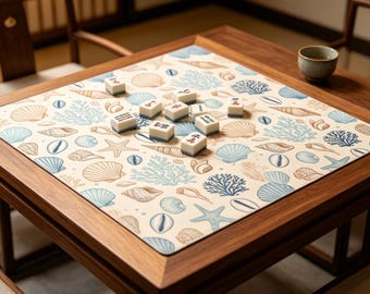 Coastal Seashell Coral Mahjong Mat Vintage Beach Ocean Pattern,Pastel Blue Beige Ocean Shell Mahjong Mat Tropical Coastal Art
