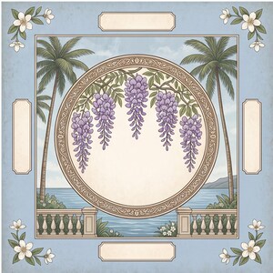 May include: A square decorative print featuring a central circular frame with intricate border details. Inside the circle, purple wisteria flowers hang down. The background shows palm trees, a stone balustrade, and a calm blue sea.