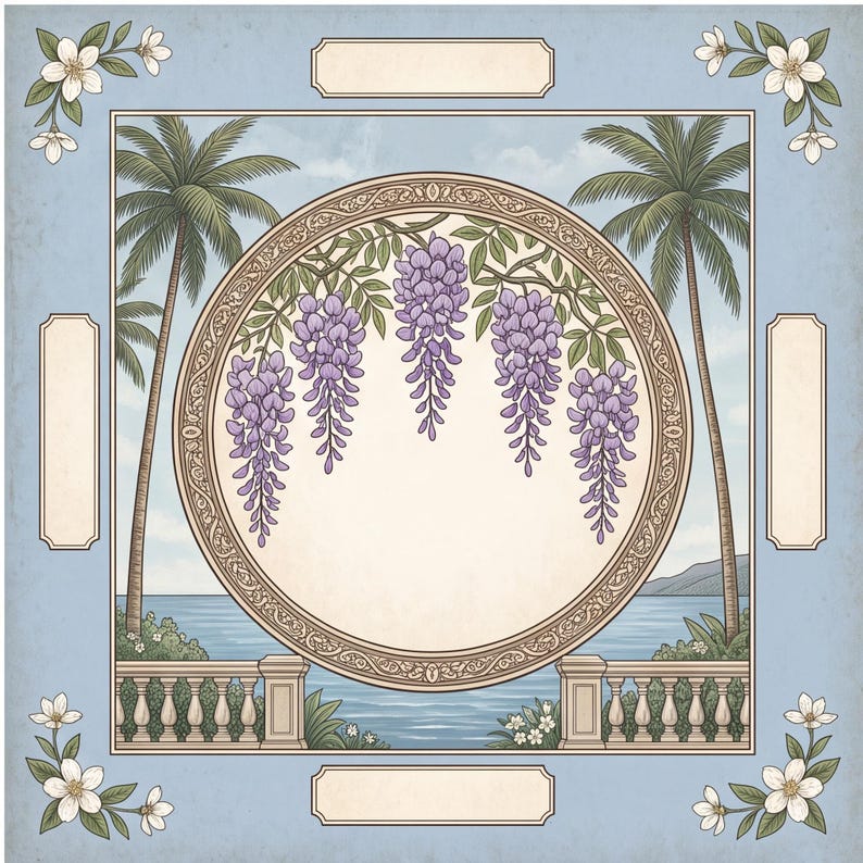 May include: A square decorative print featuring a central circular frame with intricate border details. Inside the circle, purple wisteria flowers hang down. The background shows palm trees, a stone balustrade, and a calm blue sea.