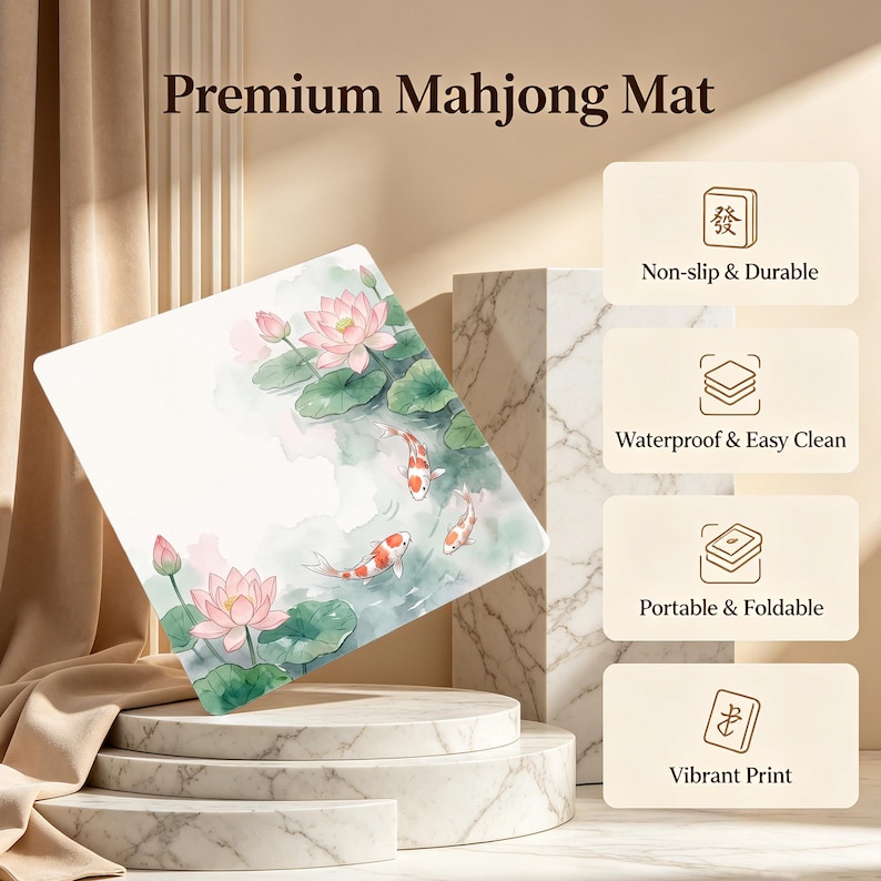 Puede incluir: Una alfombrilla de mahjong cuadrada con una ilustraci&oacute;n en acuarela de flores de loto rosas y peces koi naranjas y blancos. El texto Premium Mahjong Mat aparece en la parte superior. Cuatro recuadros enumeran las caracter&iacute;sticas: Non-slip & Durable, Waterproof & Easy Clean, Portable & Foldable y Vibrant Print.