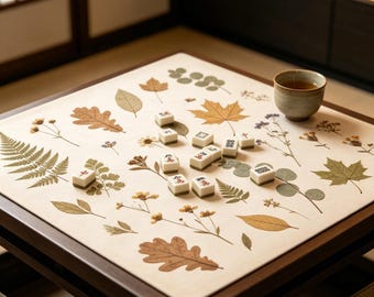 Vintage Pressed Dried Leaf Wildflower Mahjong Mat Antique Herbarium Print,Rustic Pressed Plant Specimen Mahjong Mat .