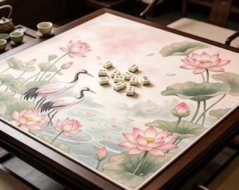 Watercolor Red Crowned Crane Lotus Mahjong Mat Soft Pastel Oriental Pond Art,Pastel Pink Lotus Red-Crowned Crane Mahjong Mat.