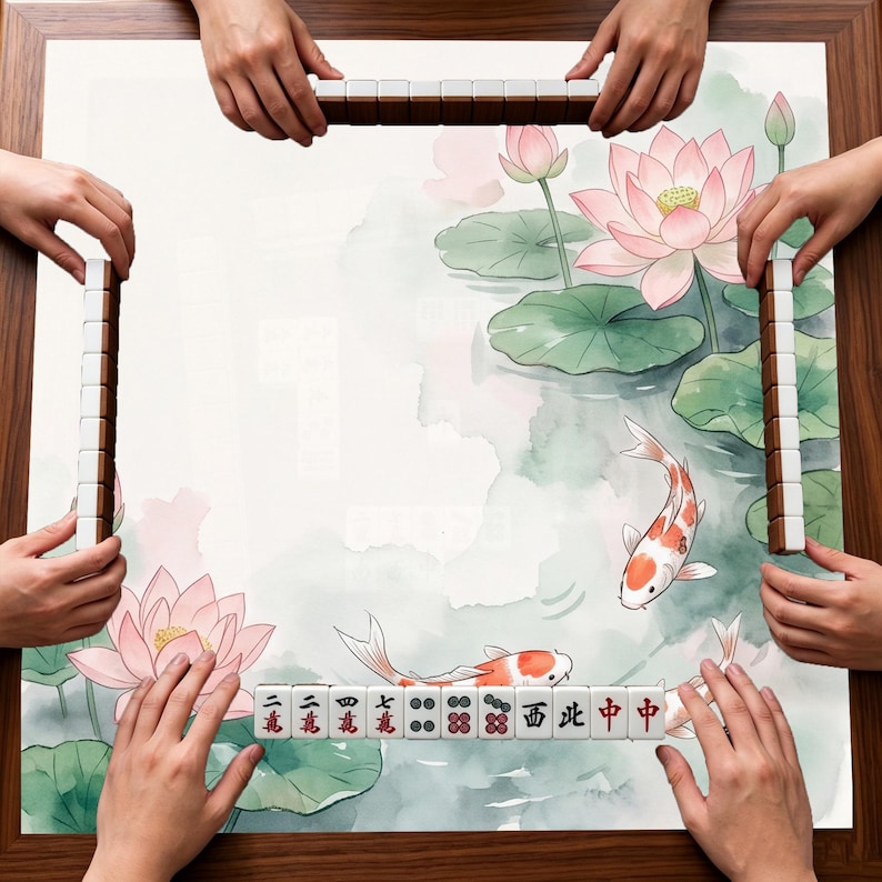 Puede incluir: Una mesa de mahjong cuadrada con un estampado estilo acuarela de flores de loto rosas, nen&uacute;fares verdes y peces koi naranjas y blancos. Cuatro filas de fichas de mahjong est&aacute;n dispuestas a lo largo de los bordes de la mesa.
