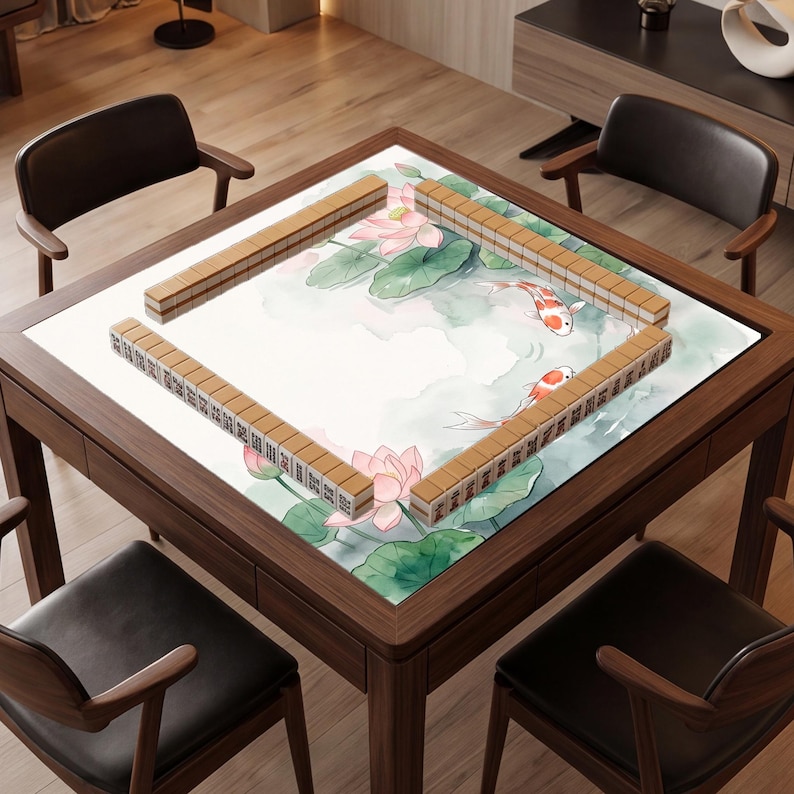 Puede incluir: Una mesa de mahjong cuadrada de madera con una superficie blanca que presenta una ilustraci&oacute;n en acuarela de flores de loto rosas, hojas de nen&uacute;far verdes y peces koi naranjas y blancos. La mesa est&aacute; rodeada por cuatro sillas de madera marr&oacute;n oscuro.