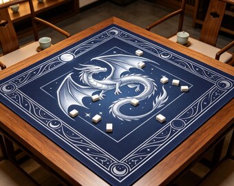 Night Sky Lunar Western Dragon Mahjong Table Mat Gothic Cosmic Crescent Border Design