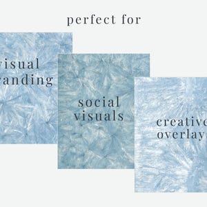Op de afbeelding: Drie lichtblauwe, getextureerde achtergronden met de zinnen "visual branding", "social visuals" en "creative overlays" in zwarte tekst. De woorden "perfect for" staan bovenaan.