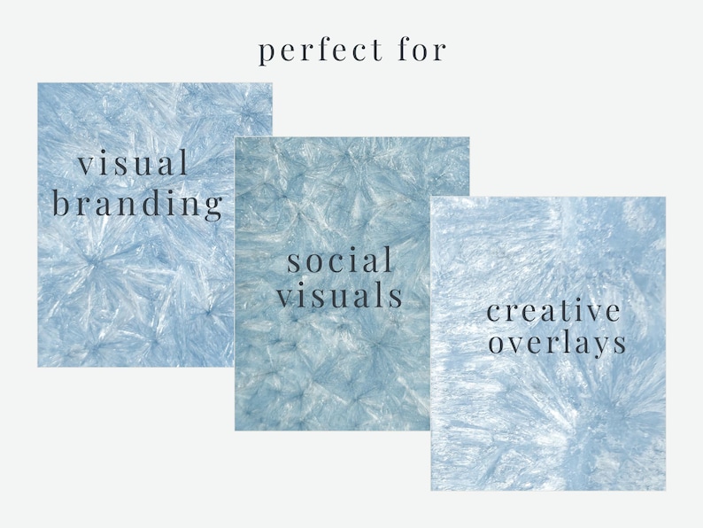 Op de afbeelding: Drie lichtblauwe, getextureerde achtergronden met de zinnen "visual branding", "social visuals" en "creative overlays" in zwarte tekst. De woorden "perfect for" staan bovenaan.