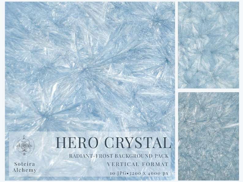 Op de afbeelding: Een lichtblauw, stralend vorst-achtergrondpakket met een kristalachtige textuur. De afbeelding bevat de tekst "HERO CRYSTAL" en "RADIANT-FROST BACKGROUND PACK" in een verticaal formaat. Het pakket bevat 10 JPG-afbeeldingen, 3200 x 4000 px.