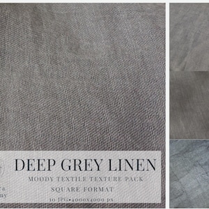 May include: Deep grey linen texture pack with a moody aesthetic. The image shows a close-up of the fabric, revealing its woven texture. The pack includes multiple square format images, perfect for digital design projects.
