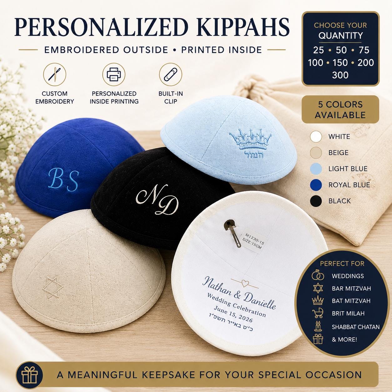 Personalized Linen Kippah Set Custom Embroidered Initials, Inside Event Printing