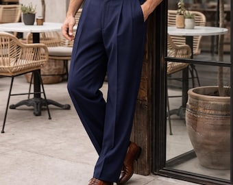 Navy Blue Men's Dress Pants, Custom Tailored Slacks, Suiting Fabric