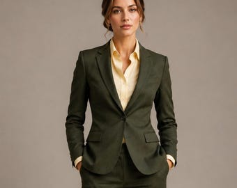 Olive Green Women's Tailored Pantsuit, Custom Work Blazer Set