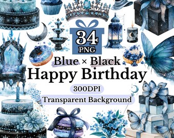 Blue Birthday Clipart, Watercolor Art, Birthday Invitation, Clip Art, Party Decor, Transparent PNG, Digital Download