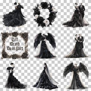 May include: A collection of digital illustrations featuring skeletons in formal black wedding attire, black rose floral arrangements, and a decorative frame with the text Till Death Do us Part, all rendered in a monochromatic black and white palette.