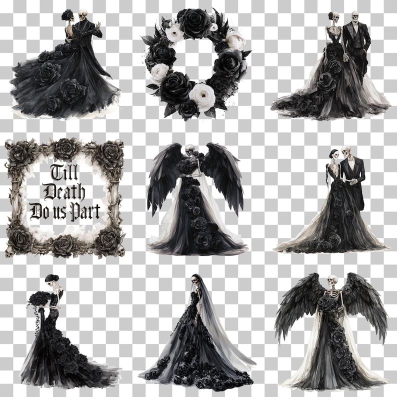 May include: A collection of digital illustrations featuring skeletons in formal black wedding attire, black rose floral arrangements, and a decorative frame with the text Till Death Do us Part, all rendered in a monochromatic black and white palette.