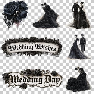May include: A collection of gothic-themed digital graphics featuring black roses, skeletons in formal wedding attire, and two decorative banners with the text Wedding Wishes and Wedding Day in a black gothic font against a light background.