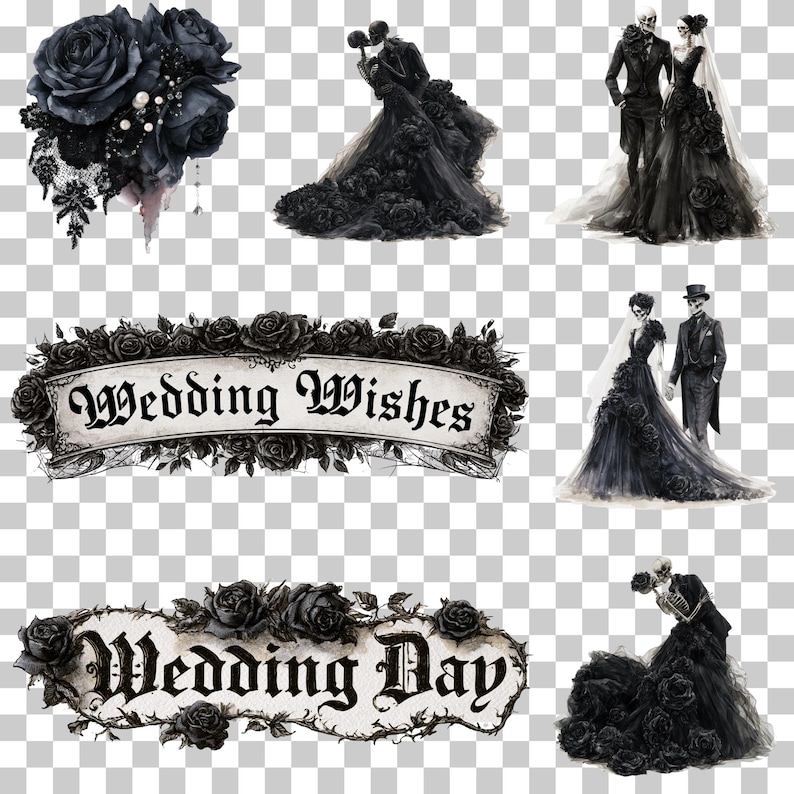 May include: A collection of gothic-themed digital graphics featuring black roses, skeletons in formal wedding attire, and two decorative banners with the text Wedding Wishes and Wedding Day in a black gothic font against a light background.