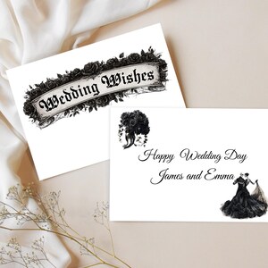 May include: Two white rectangular cards featuring black ink illustrations. One card displays the text Wedding Wishes framed by roses. The second card shows a bouquet of roses, the text Happy Wedding Day James and Emma, and a dancing couple.