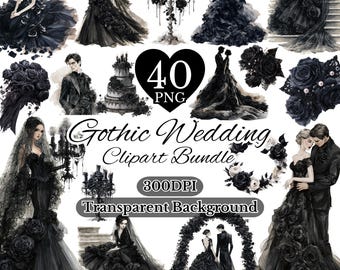 Gothic Wedding Clipart, Black and White Party Invitation, Dark Fantasy, Decor, Transparent PNG, Digital Download