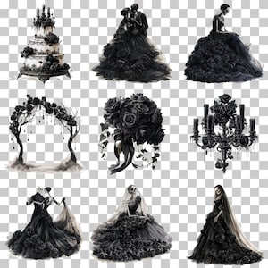 May include: A collection of gothic wedding elements including a three-tiered cake with black roses, skeletons in black gowns and suits, a floral archway, a bouquet of black roses, and a candelabra, all rendered in a dark, monochromatic aesthetic.
