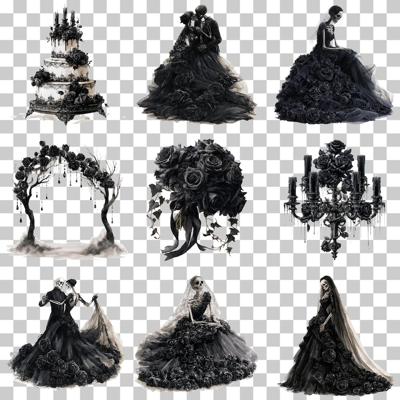 May include: A collection of gothic wedding elements including a three-tiered cake with black roses, skeletons in black gowns and suits, a floral archway, a bouquet of black roses, and a candelabra, all rendered in a dark, monochromatic aesthetic.