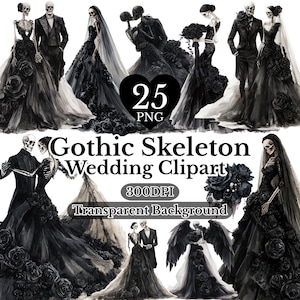Skeleton Gothic Wedding Clipart Bundle, dark romance skeleton bride groom PNG, spooky black wedding set, transparent background, instant download
