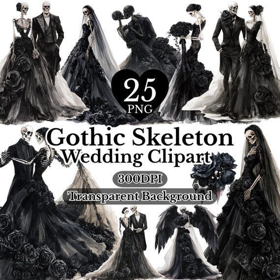 Gothic Wedding Clipart, Wedding Invitation, Skeleton Art, Clipart Set, Party Decor, Transparent PNG, Digital Download