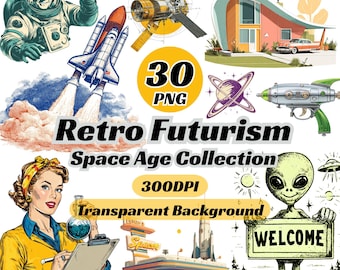 Retro Futurism Clipart, Space Age Illustration Set, Mid Century Modern Assets, Atomic Age Design Elements, 1950s Clipart, Transparent PNG